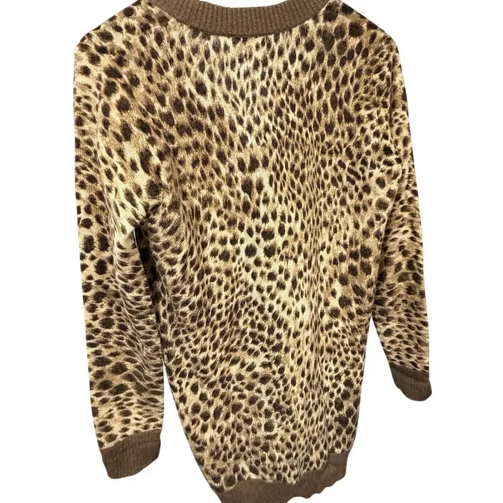 J.McLaughlin 100% Cashmere Cardigan Sweater XS Leopard Animal Print Long V-Neck